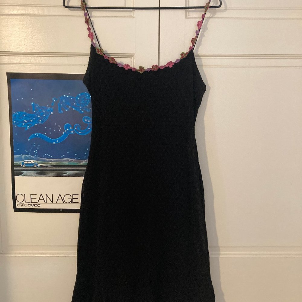 Vintage Y2K Betsey Johnson Black Mesh Flower Crochet Dress - L